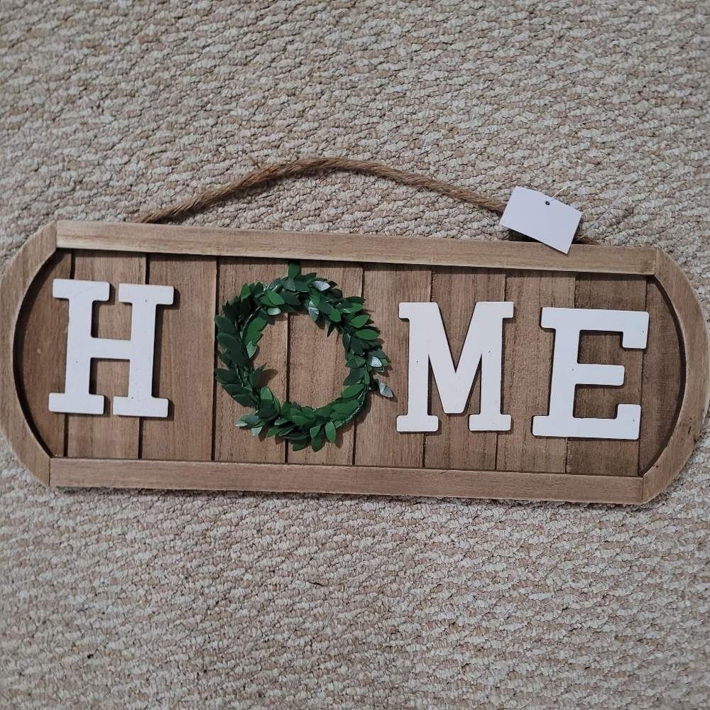 Farmhouse Hanging Decor- Shiplap HOME Wood Sign - Greenery Accent